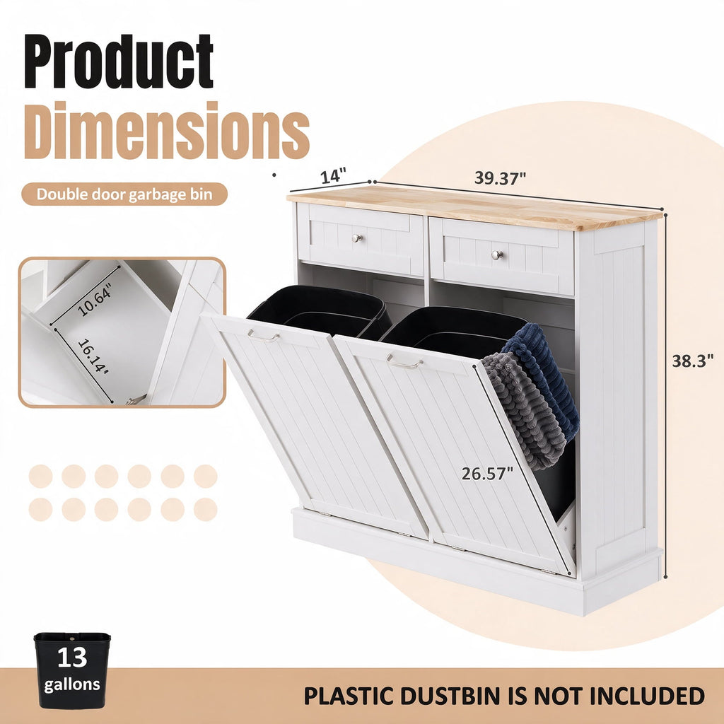 AHB Double Tilt Out Trash Cabinet with Drawers and Handles, Fits Two 13 Gallon Trash Bins, Kitchen Trash Can Storage Organizer, 40"L x 13"W x 36"H