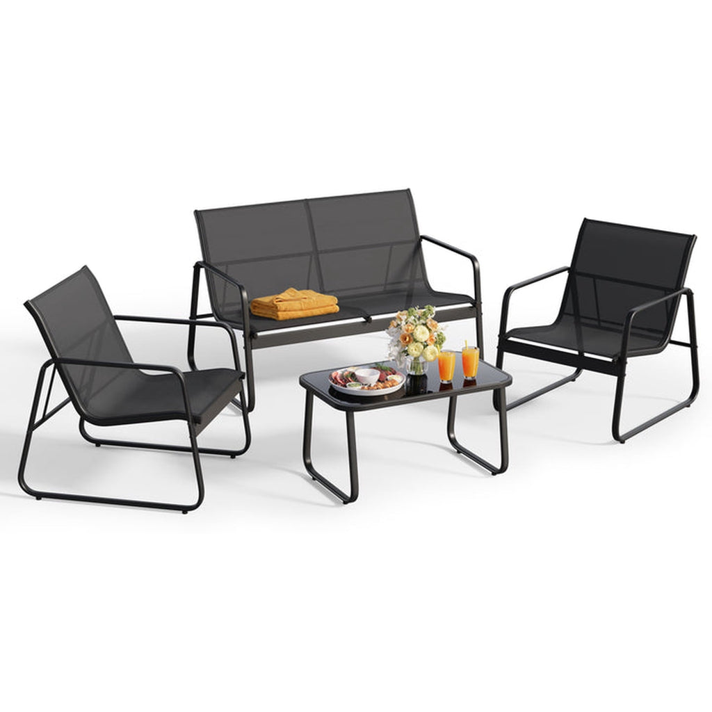 4-Piece steel Patio Furniture Set, Outdoor Leisure Table & Chair Combination with Tempered Glass Coffee Table, Ideal for Porch, Garden & Lawn Black