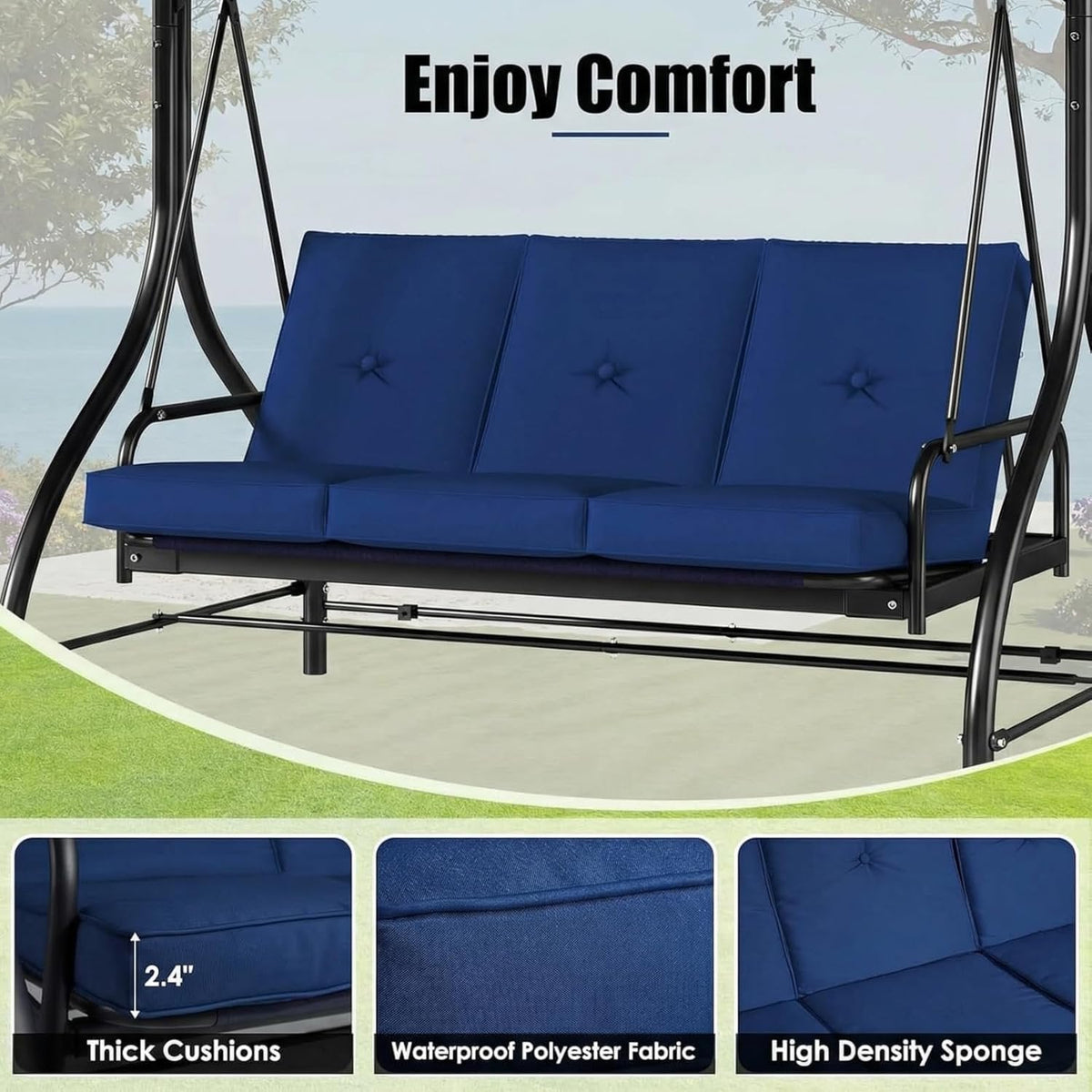 Arlopu 3-Seat Patio Swing Chair, Outdoor Converting Canopy Swing Glider Patio Hammock w/ Removable Cushions, Blue