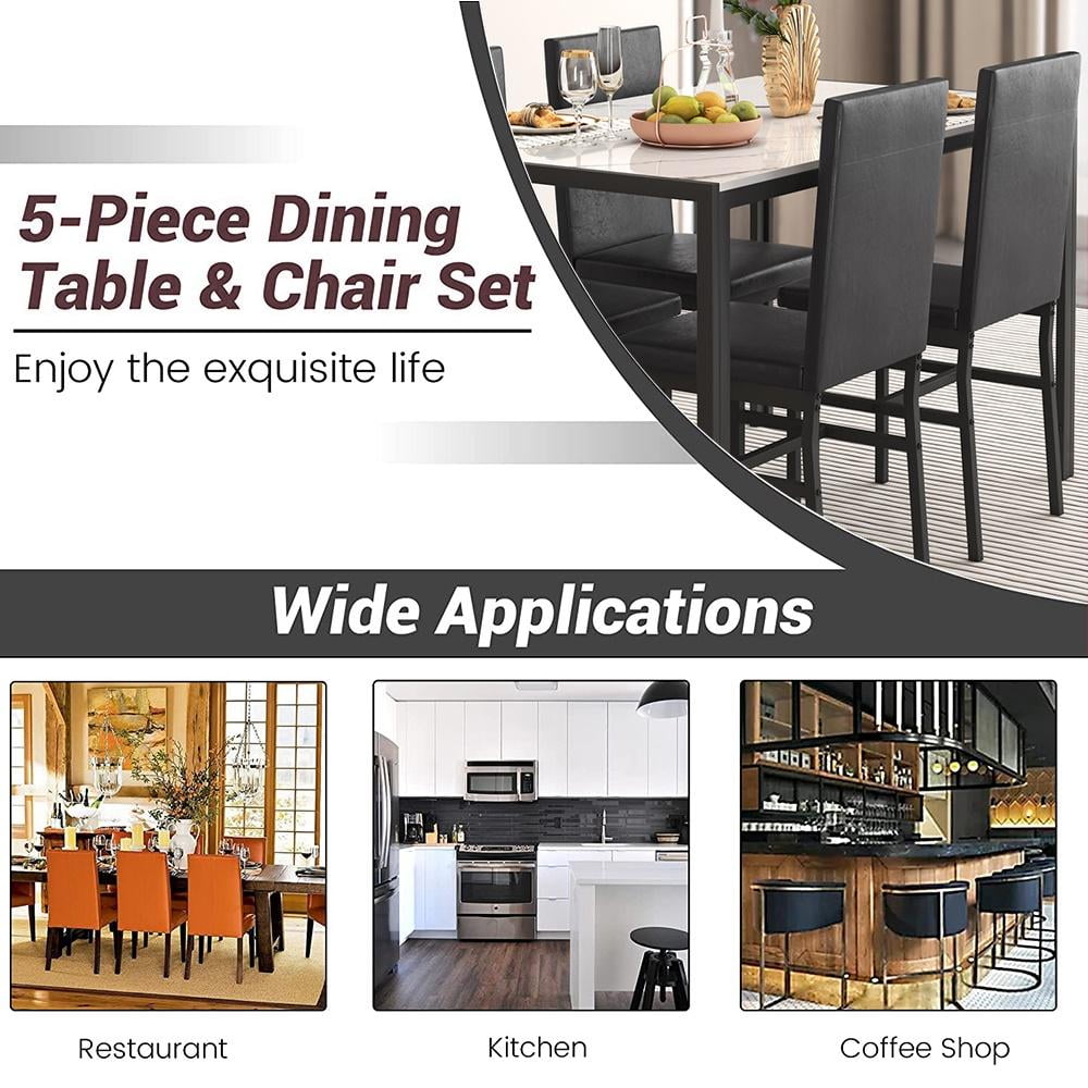 5 Piece Kitchen Dining Table and Chair Set, Dining Room Table Set with Faux Marble Table PU Leather Padded Chairs, Rectangle Dining Table Set for 4