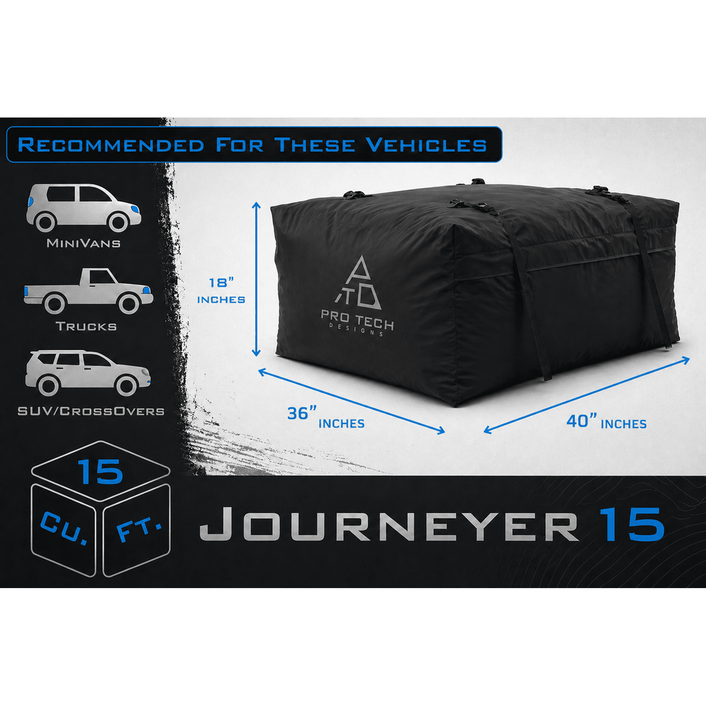Journeyer - 15 Cubic Feet Weatherproof Rooftop Cargo Carrier for Top of Vehicle, Attaches With or Without Roof Rack