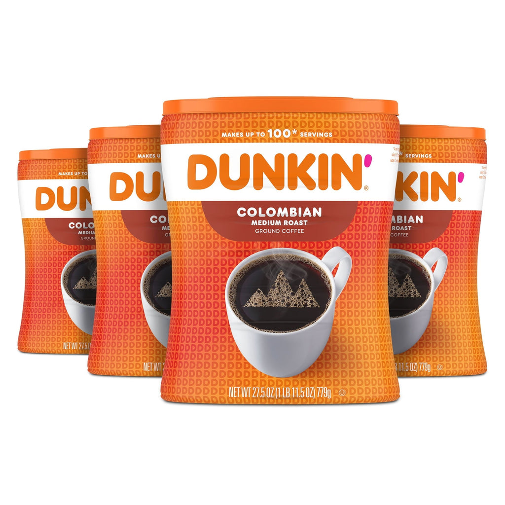 4 pack) Dunkin’ Colombian Medium Roast Ground Coffee, 27.5 oz Canister