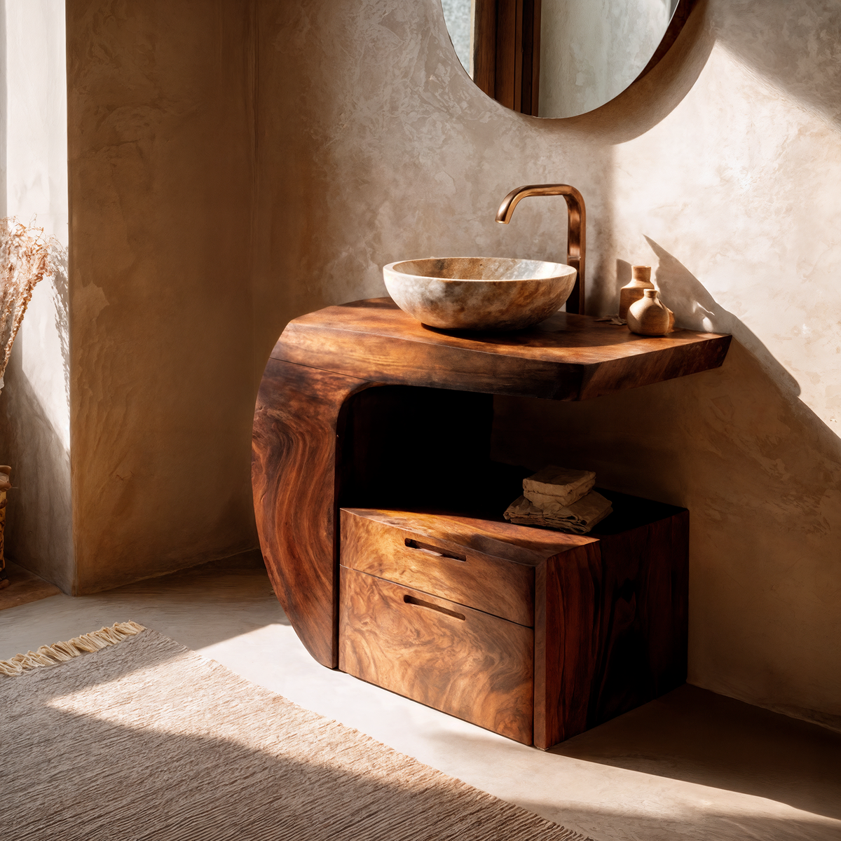 Modern Organic Wooden Bathroom Vanity With Storage Cabinet