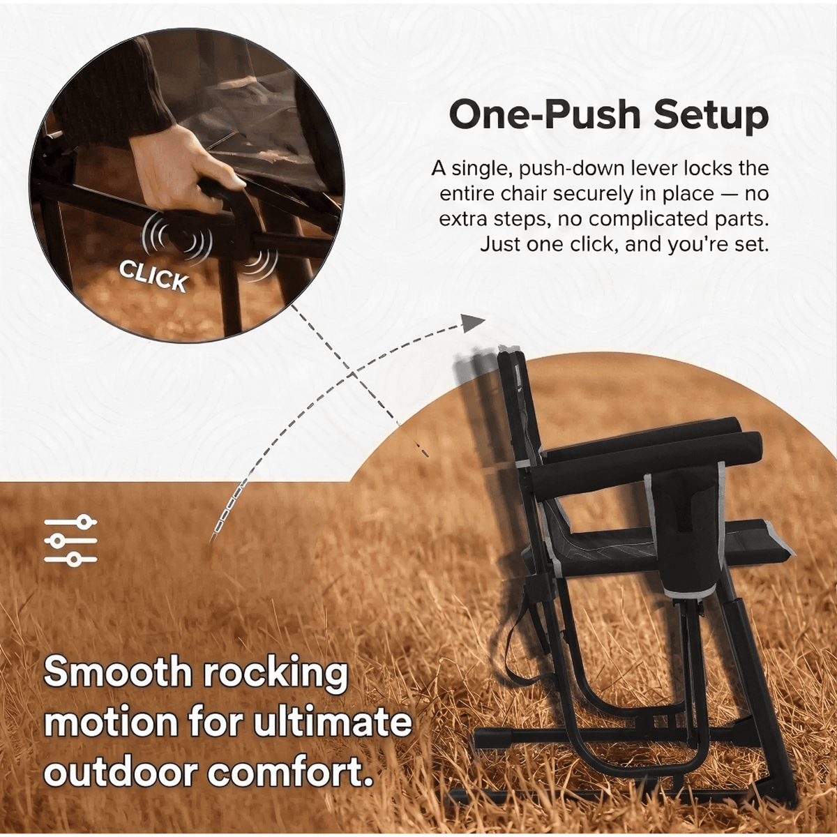Avaar Outdoor Folding Rocking Camp Chair w/Cup Holder, 400lbs Capacity, Black