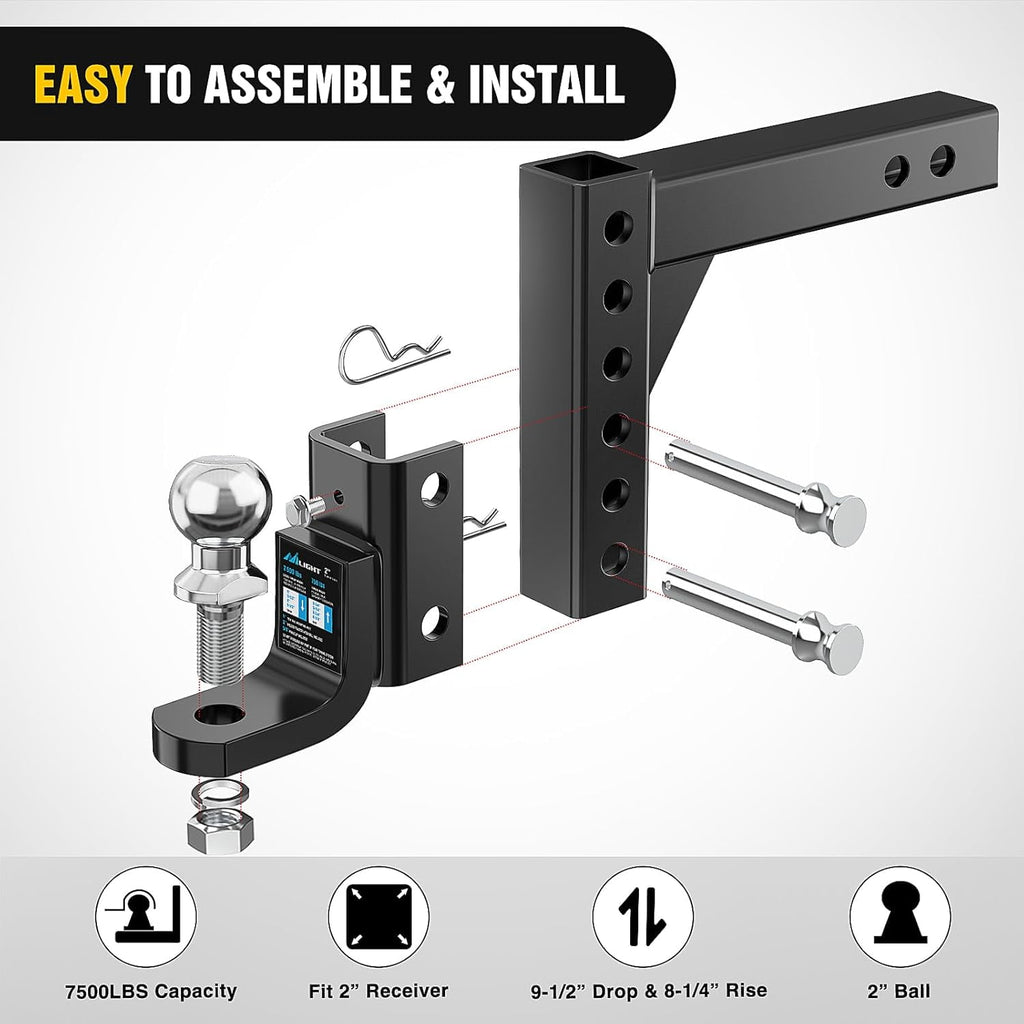 Nilight 8-Position Adjustable Trailer Hitch Ball Mount with 2 inch Ball Fits 2 Inch Receiver with 5/8" Pin Lock 7500 lbs, 9-1/2" Drop, 8-1/4" Rise
