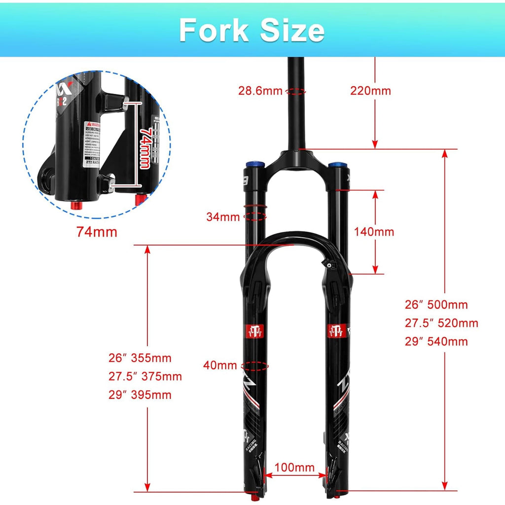 ZTZ 26/27.5/29 inch MTB Air Suspension Fork, Upgraded 34mm Stanchions & 140mm Travel, Rebound Adjust, Straight Steerer, 9x100mm QR, Manual Lockout