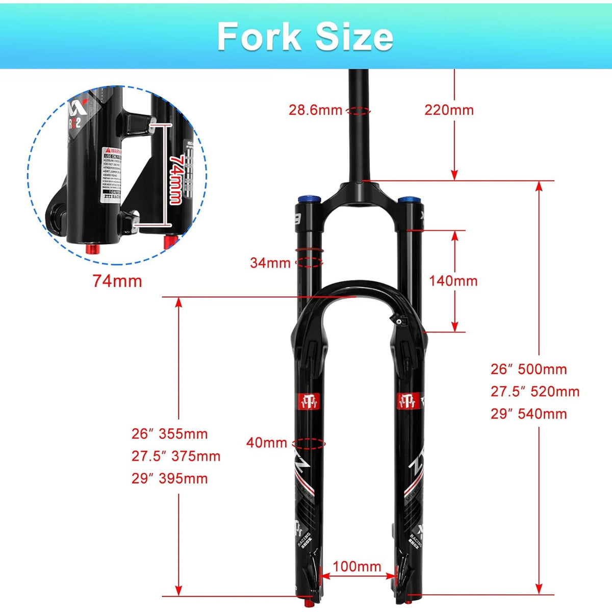 ZTZ 26/27.5/29 inch MTB Air Suspension Fork, Upgraded 34mm Stanchions & 140mm Travel, Rebound Adjust, Straight Steerer, 9x100mm QR, Manual Lockout