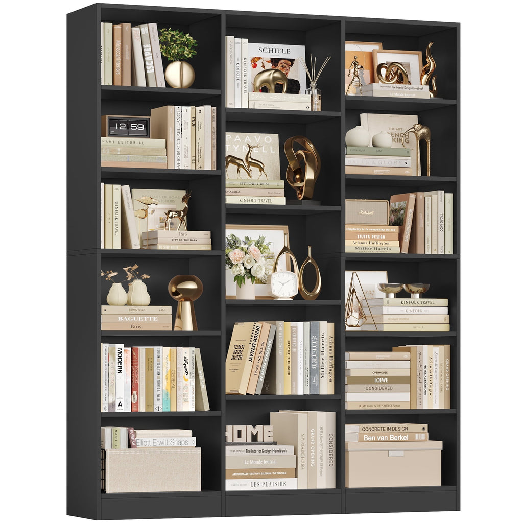 Homfa Triple Row 6-tier Bookshelf, 74 in Tall Bookshelf with 17 Open Display Shelves, Large Bookcase for Office Living Room, Black