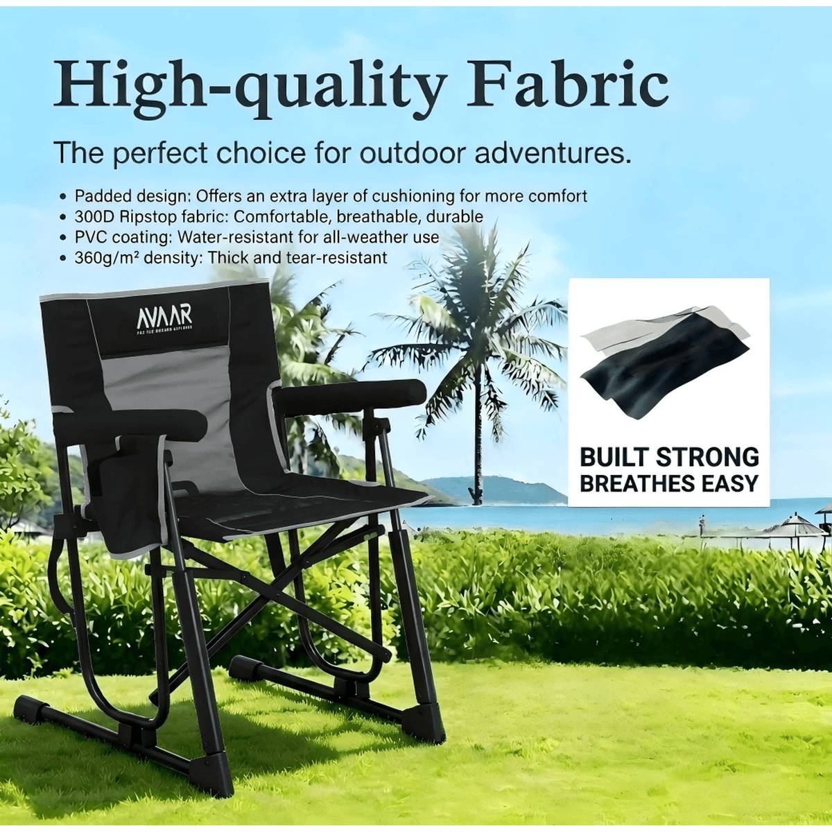 Avaar Outdoor Folding Rocking Camp Chair w/Cup Holder, 400lbs Capacity, Black