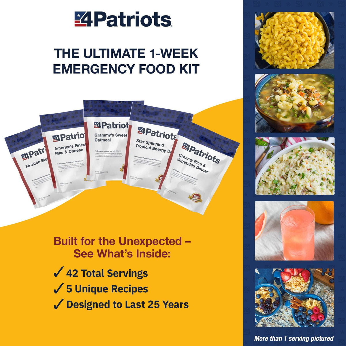 4Patriots 1-Week Emergency Food Supply Survival Kit - Freeze-Dried, Designed to Last 25 Years - 42 Servings of Delicious Breakfast, Lunch, & Dinner