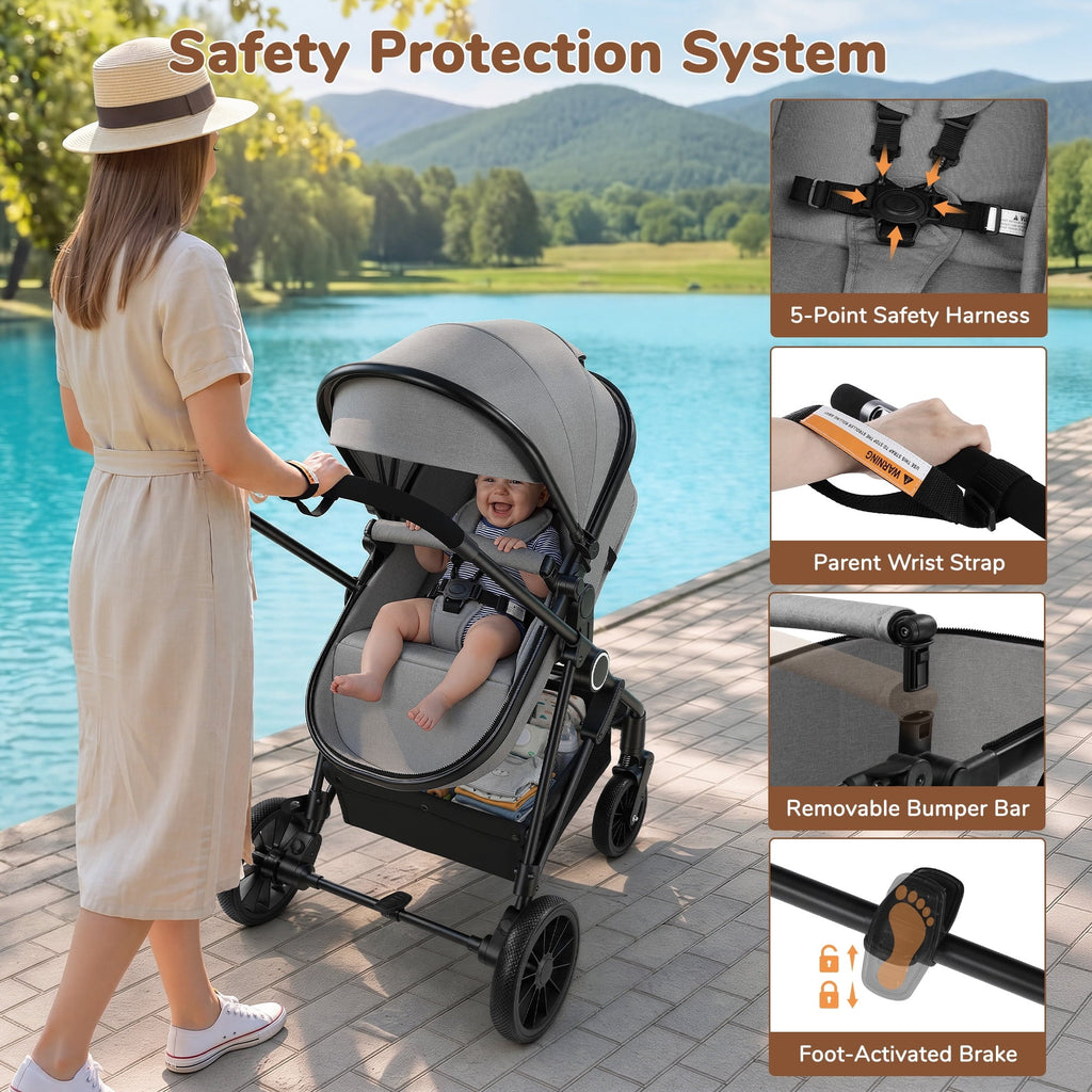 Vomeast Baby Stroller, Foldable Lightweight Travel Stroller, Reversible Seat, 5-Point Harness, Adjustable Canopy, Gray