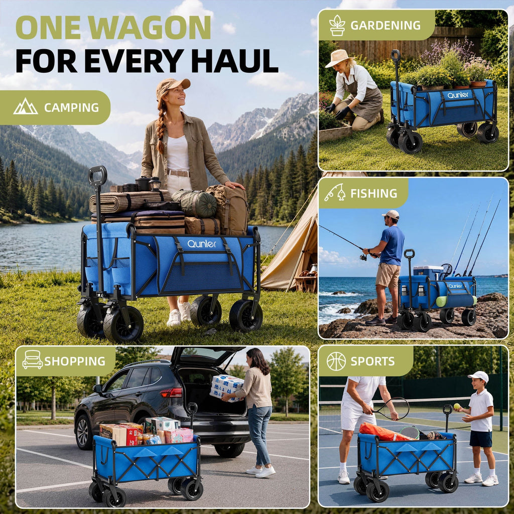 Qunler 560lbs Collapsible Folding Wagon, Heavy Duty Utility Beach Cart with 8" Wheels and Side Pocket, Large Capacity for Camping, Beach, Shopping