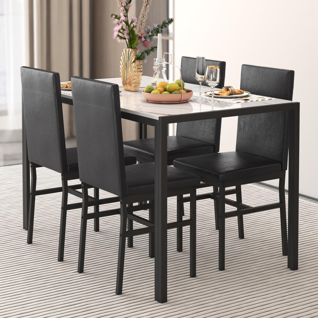 5 Piece Kitchen Dining Table and Chair Set, Dining Room Table Set with Faux Marble Table PU Leather Padded Chairs, Rectangle Dining Table Set for 4