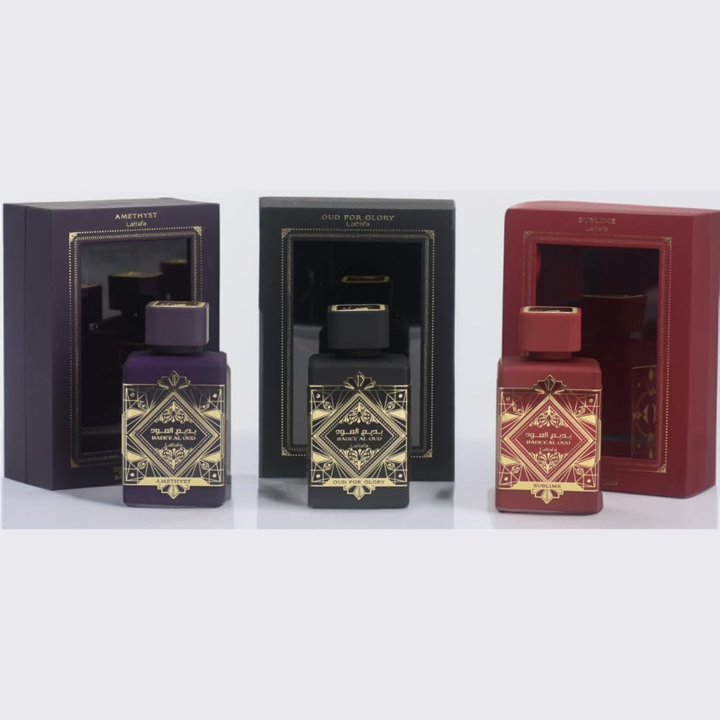 Lattafa Perfumes Bade'e Al Oud for Unisex 3 Piece Eau de Parfum Gift Set (Oud For Glory + Amethyst + Sublime) 3.4 Ounce/100 ml each
