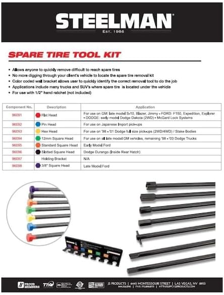 Steelman 7-Piece Spare Tire Retrieval Tool Kit, Lower and Raise Cradle-Suspended Tires, Flat, Pin, Hex, 12-mm Square, Slotted, ⅜-inch Square Heads