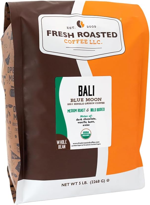 Fresh Roasted Coffee, Organic Bali Blue Moon Whole Bean Coffee, Medium Roast, USDA Organic, Kosher, 5 lb (80 oz)