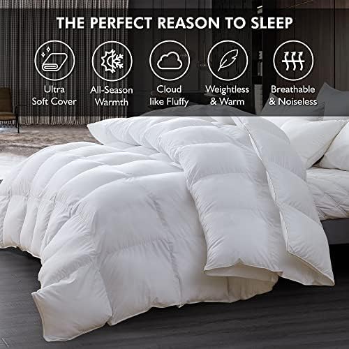 Luxurious King/California King Size Goose Down Fiber Waterfowl Feather Fiber Comforter Duvet, 100% Cotton Cover, 58 oz. Fill Weight, Baffle Box