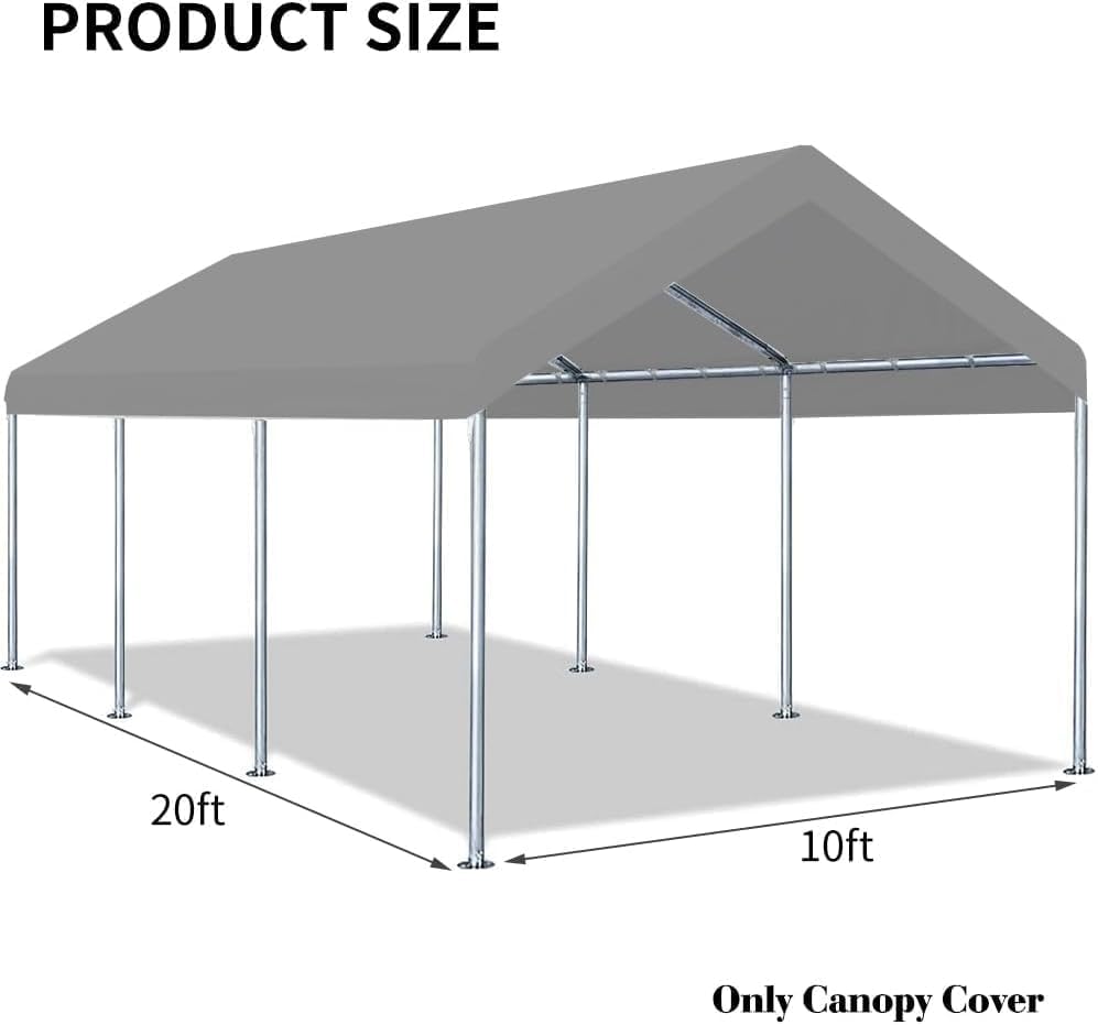Rutile 10 x 20 FT Carport Replacement Cover, Heavy Duty Car Tarp Canopy Tent Replacement Top w/Ball Bungees Gray (Only Top Cover, Frame is not
