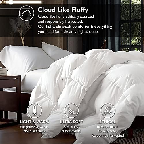 Luxurious King/California King Size Goose Down Fiber Waterfowl Feather Fiber Comforter Duvet, 100% Cotton Cover, 58 oz. Fill Weight, Baffle Box