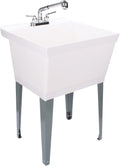 White Utility Sink Laundry Tub With Pull Out Chrome Faucet, Sprayer Spout, Heavy Duty Slop Sinks For Washing Room, Basement, Garage or Shop, Large