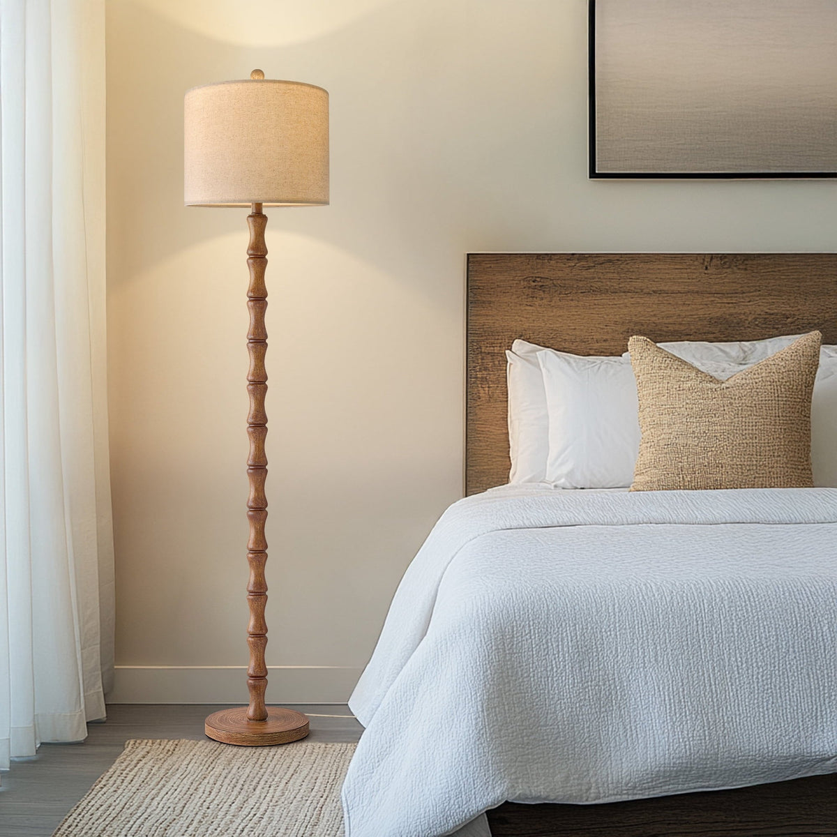 Oneach 62" Farmhouse Floor Lamp for Living Room,Wood Grain Brown Standing Lamp for Bedroom Retro