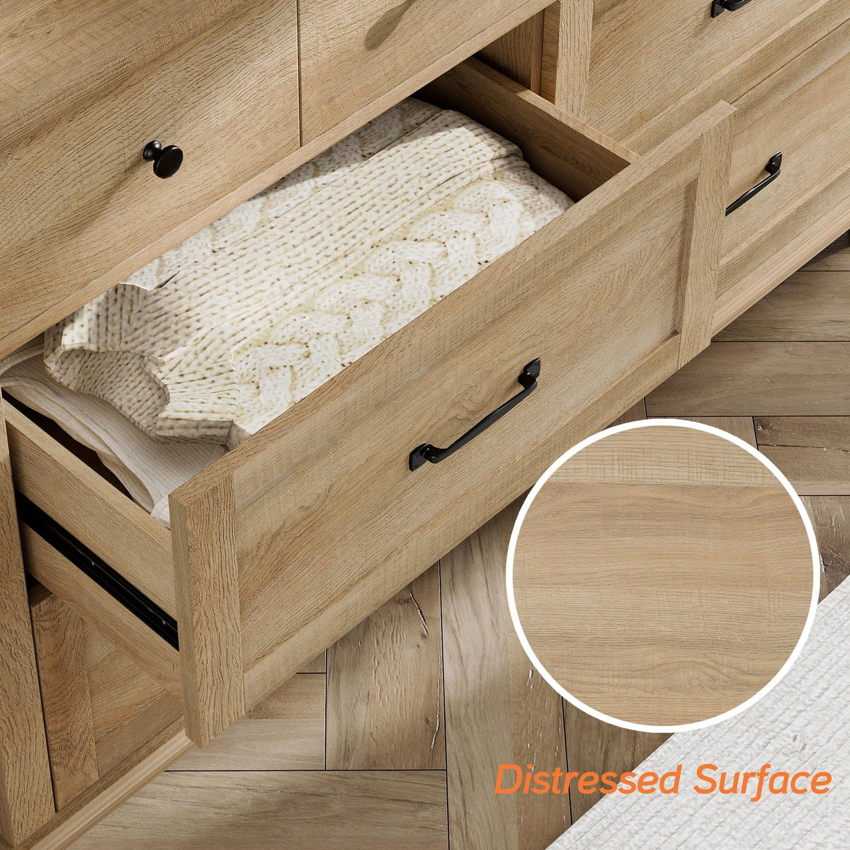 3 Piece Dresser and Nightstand Sets, Farmhouse Dresser with 6 Drawers, Set of 2 Night Stands with Charging Staion, 3 Piece Bedroom Set, Oak