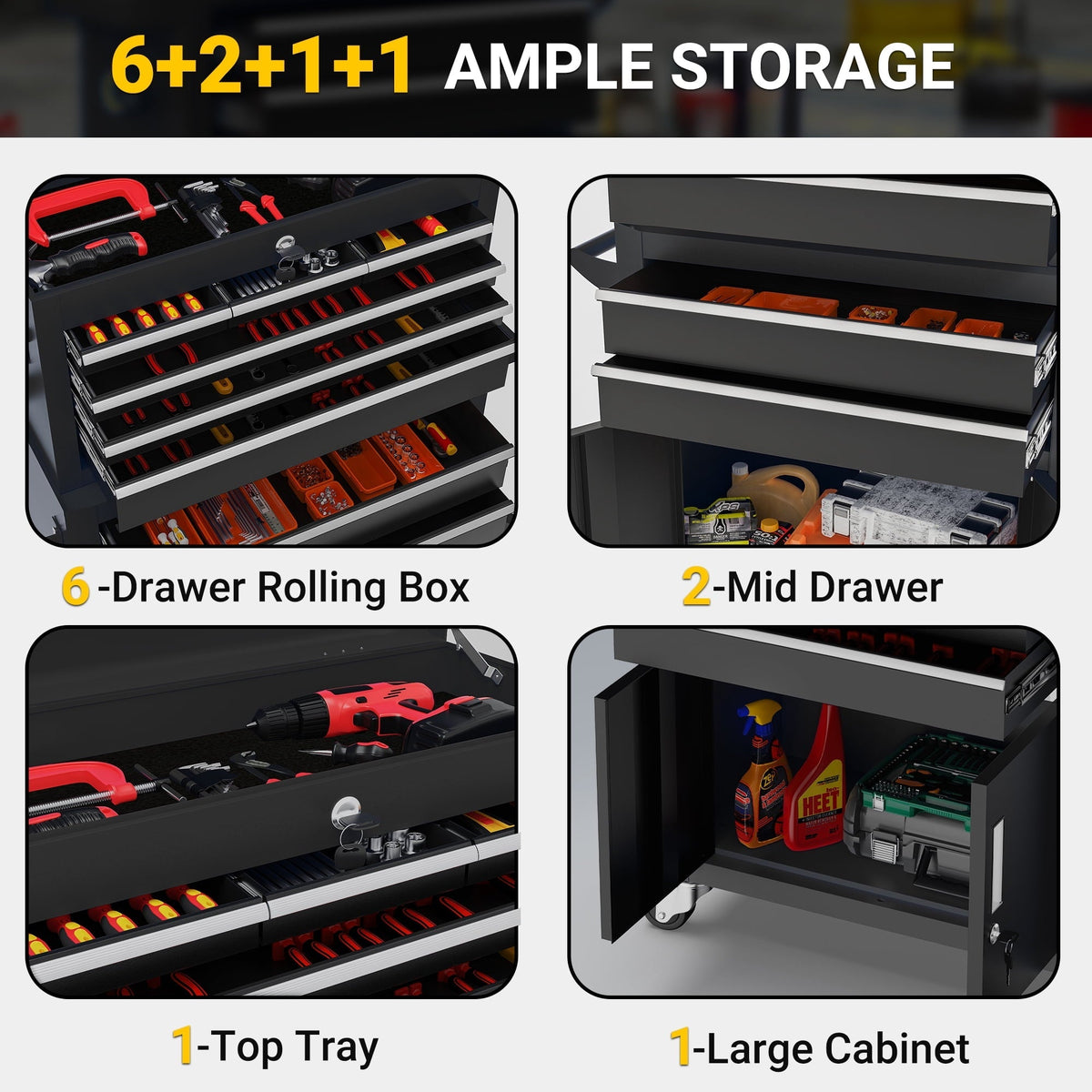 Seizeen 2-IN-1 Tool Box & Cabinet, Large Capacity 8-Drawer Rolling Tool Chest Organizer with Wheels Lockable, Black Metal Tool Cart Garage Storage
