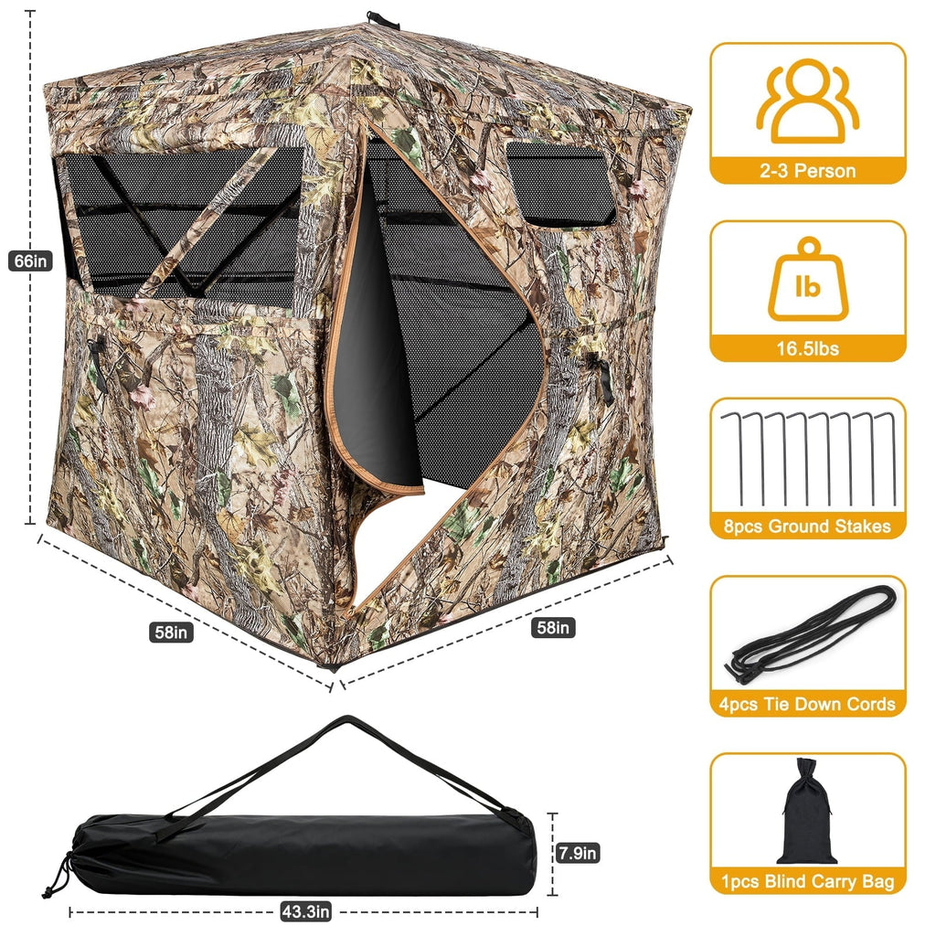 GIKPAL Portable 2-3 Person 270 Degree See Through Hunting Blind Pop-Up Ground Blind with Tie-downs & Carrying Bag for Deer, Duck and Turkey Hunting