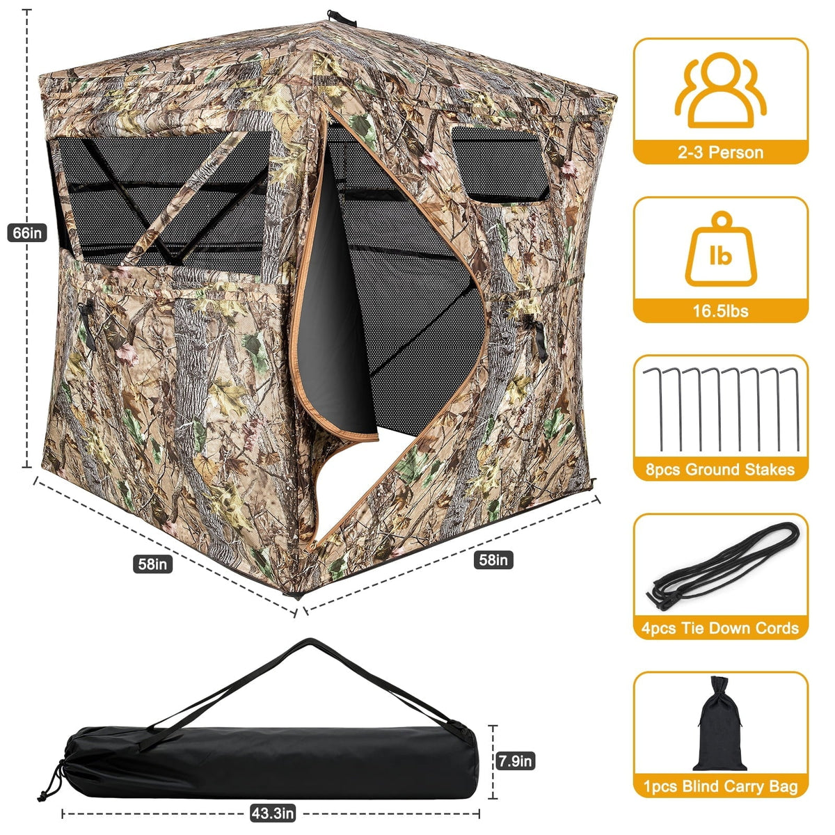 GIKPAL Portable 2-3 Person 270 Degree See Through Hunting Blind Pop-Up Ground Blind with Tie-downs & Carrying Bag for Deer, Duck and Turkey Hunting