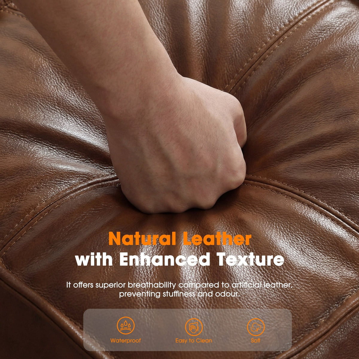 Poshby Genuine Leather Pouf Ottoman with Handmade Stuffed Foot Stool for Living Room&Bedroom, Brown