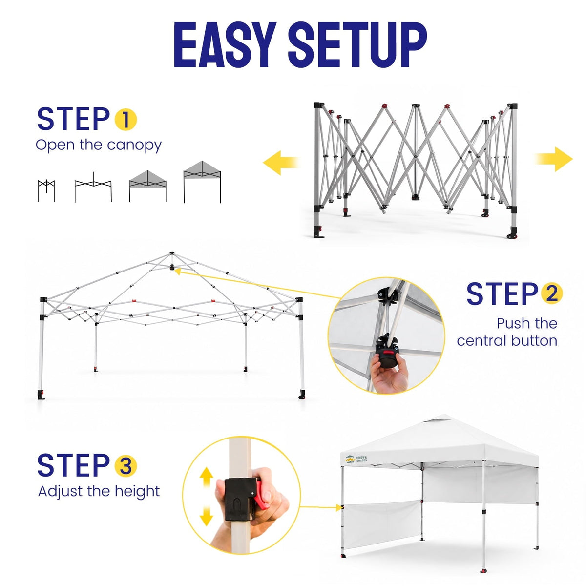 CROWN SHADES 10x10 Ez Pop Up Canopy Tent, Outdoor Sun Shade Shelter Canopy, One Push Setup with 2 Half Sidewalls, UPF50+, STO 'N Go Bag, White