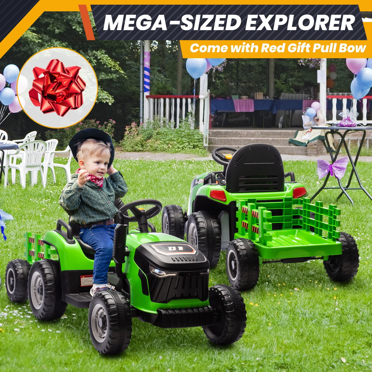 Joyracer 24 Volt Ride on Toys, Ride on Tractor w/ Tiltable & Detachable Trailer, 2x200W Power Car Wheels for Kids, Remote Control, Bluetooth, Shifter