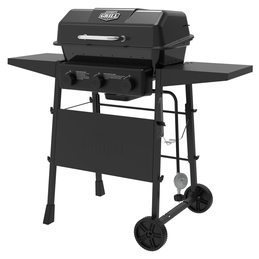Expert Grill 3-Burner Propane Gas Grill with Side Shelves and Wheels, Black