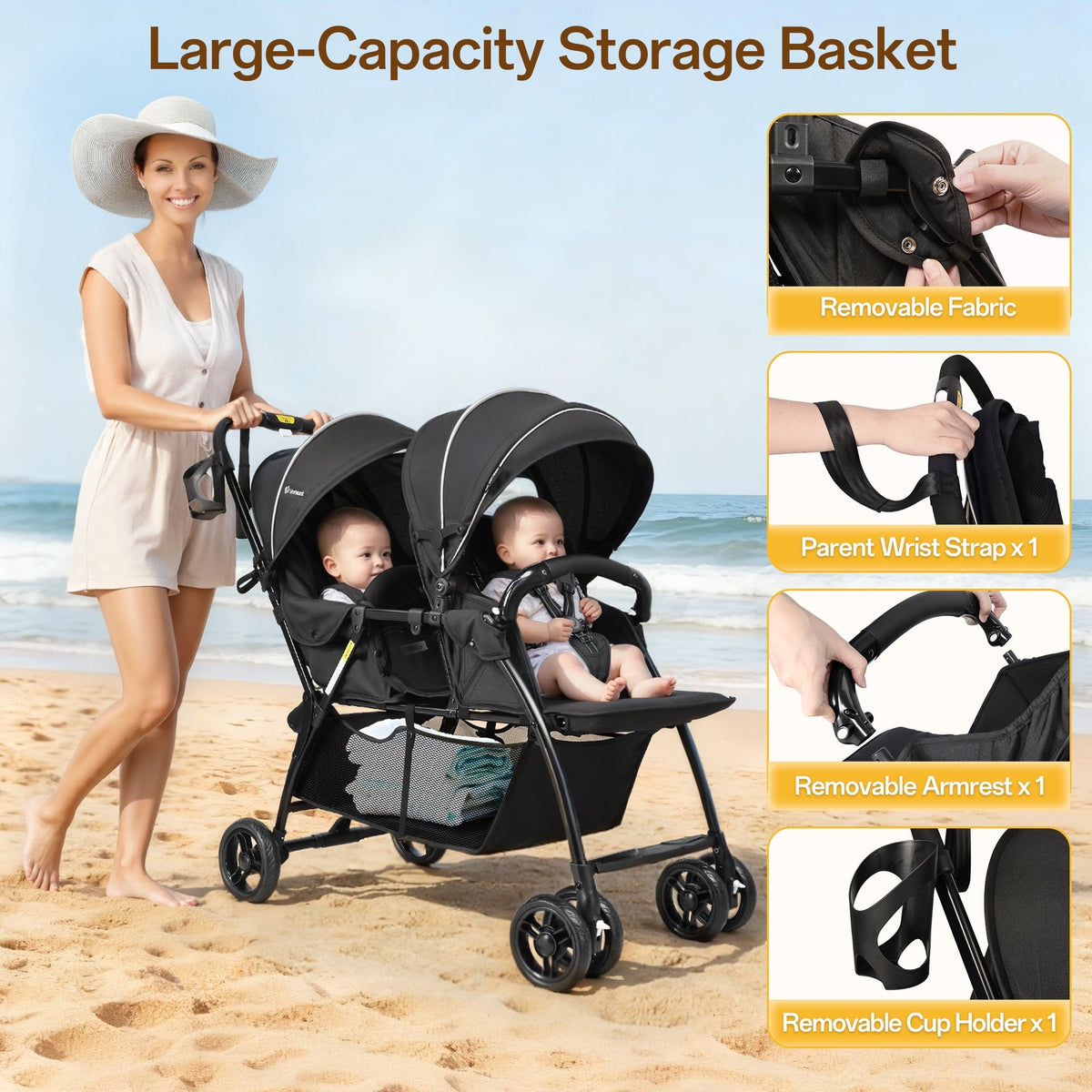 Vomeast Double Stroller for Twins, Foldable Lightweight Travel Stroller for Infant and Toddler, 5-Point Harness, Adjustable Canopy & Reclining Seat