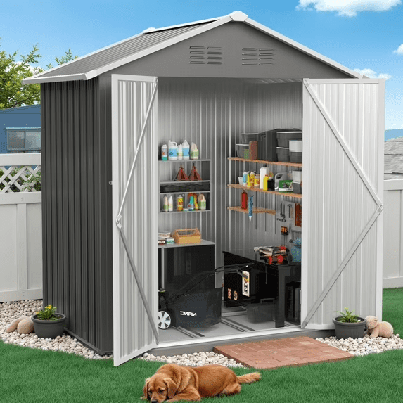 6' x 4' Outdoor Storage Shed with Base, ENYOPRO Galvanized Metal Garden Tool Shed with Lockable Double Doors, Sloped Roof & Vent for Backyard Patio