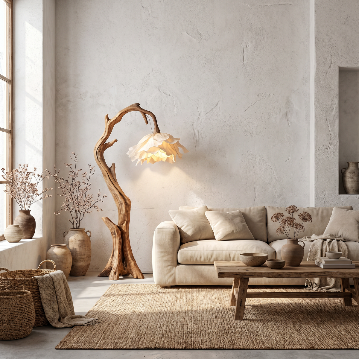 Nature Inspired Flower Floor Lamp With Solid Wood Base