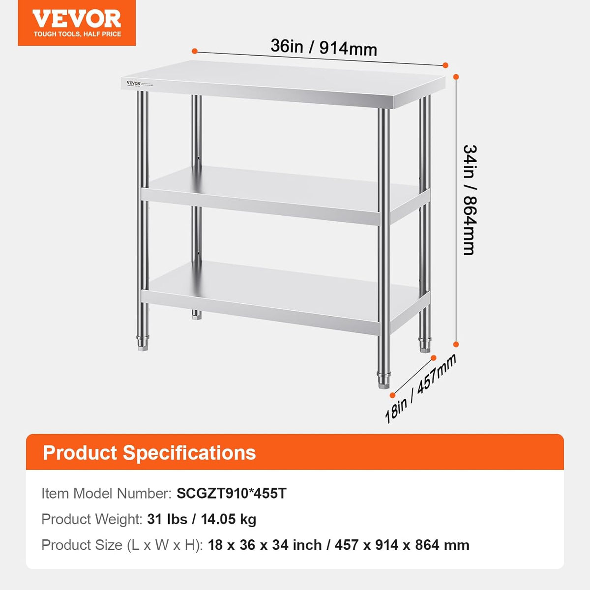 VEVOR Stainless Steel Food Prep Table, 18 x 36 x 34 Inch Commercial Kitchen Worktable, with 2 Adjustable Undershelf, Heavy Duty Prep Metal Work Table