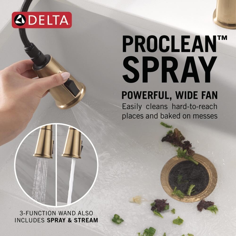Delta Finnridge Brushed Gold Kitchen Faucet with Pull Down Sprayer, High Pressure ProClean Spray Modern Single Hole Kitchen Sink Faucet, Champagne
