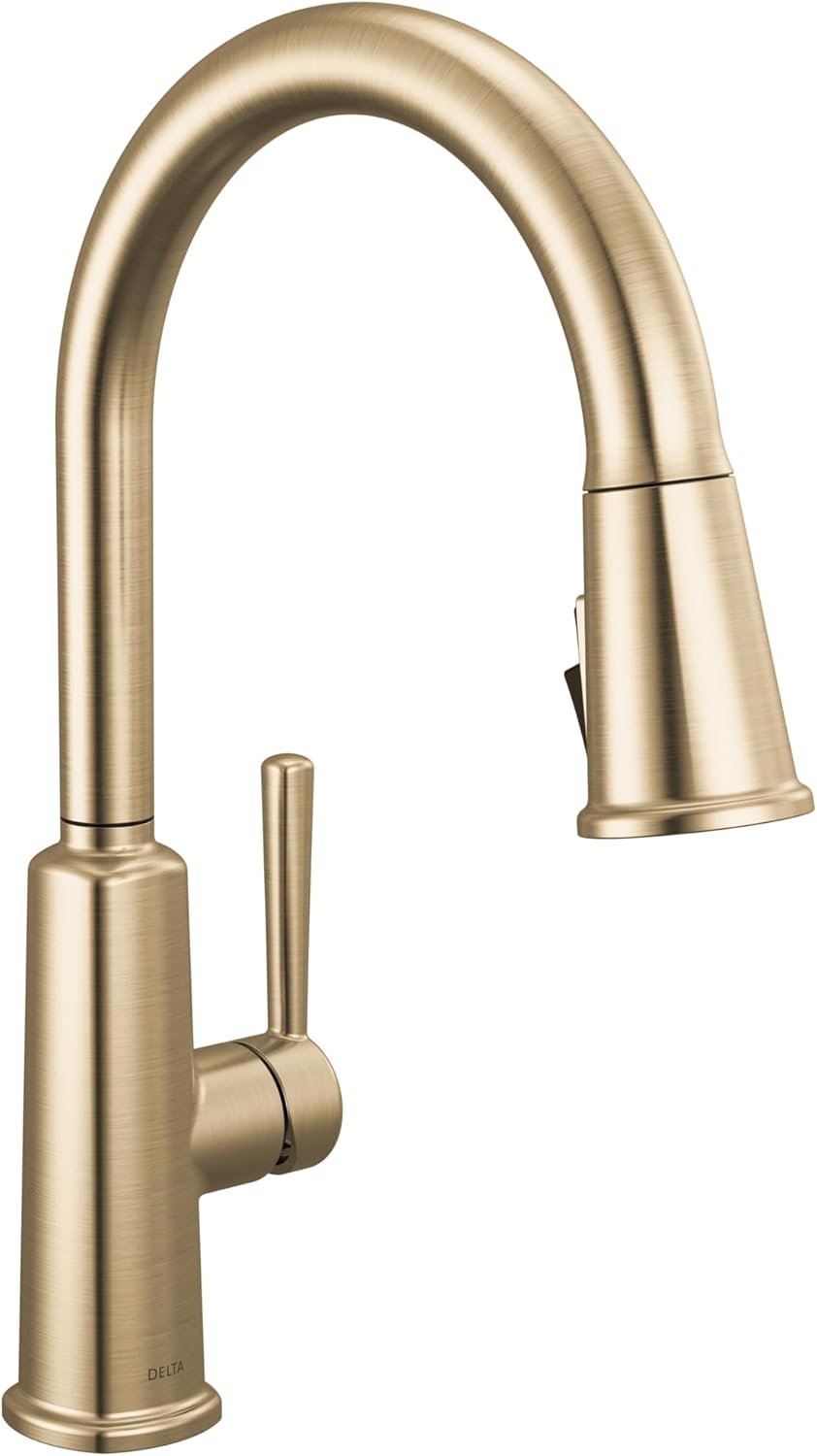 Delta Finnridge Brushed Gold Kitchen Faucet with Pull Down Sprayer, High Pressure ProClean Spray Modern Single Hole Kitchen Sink Faucet, Champagne