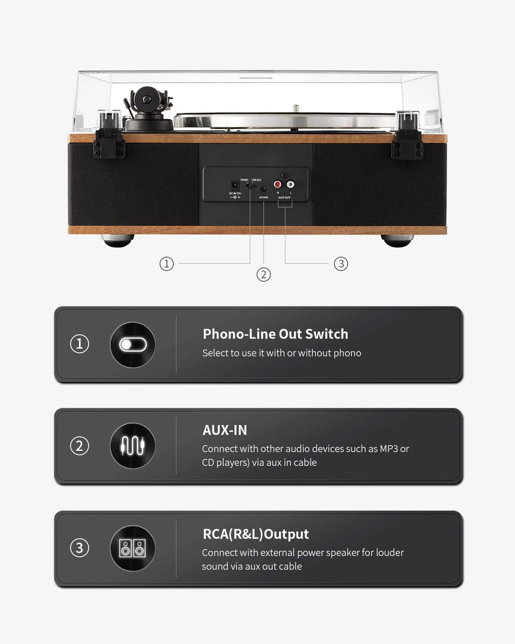 ANGELS HORN Vinyl Record Player, Bluetooth Turntable with Built in Speakers