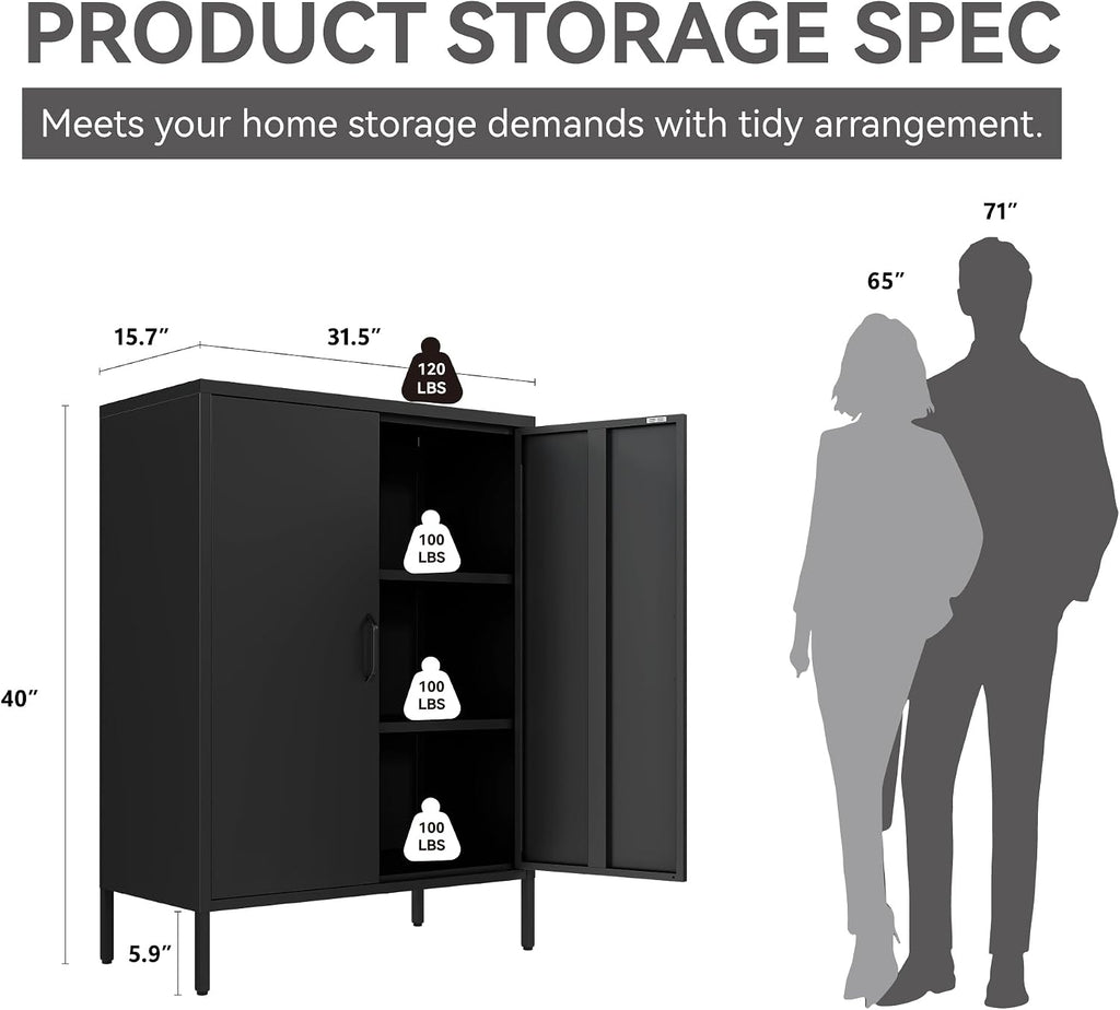 Metal Locker Cabinet, Black Storage Cabinets with 2 Doors and Adjustable Shelves, 3 Tier Modern Storage Freestanding Sideboard for Living Room,School