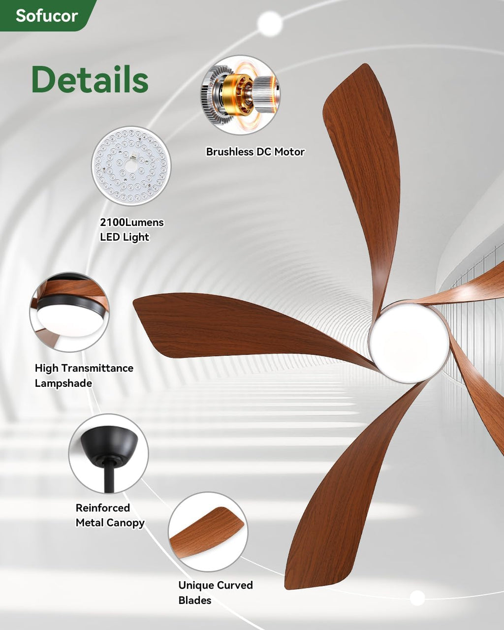 Sofucor 52 Inch Smart Modern Ceiling Fan with Light Indoor/Outdoor Brown | Alexa/Google Assistant/APP/Remote Control, Reversible DC Motor, Timer, 6