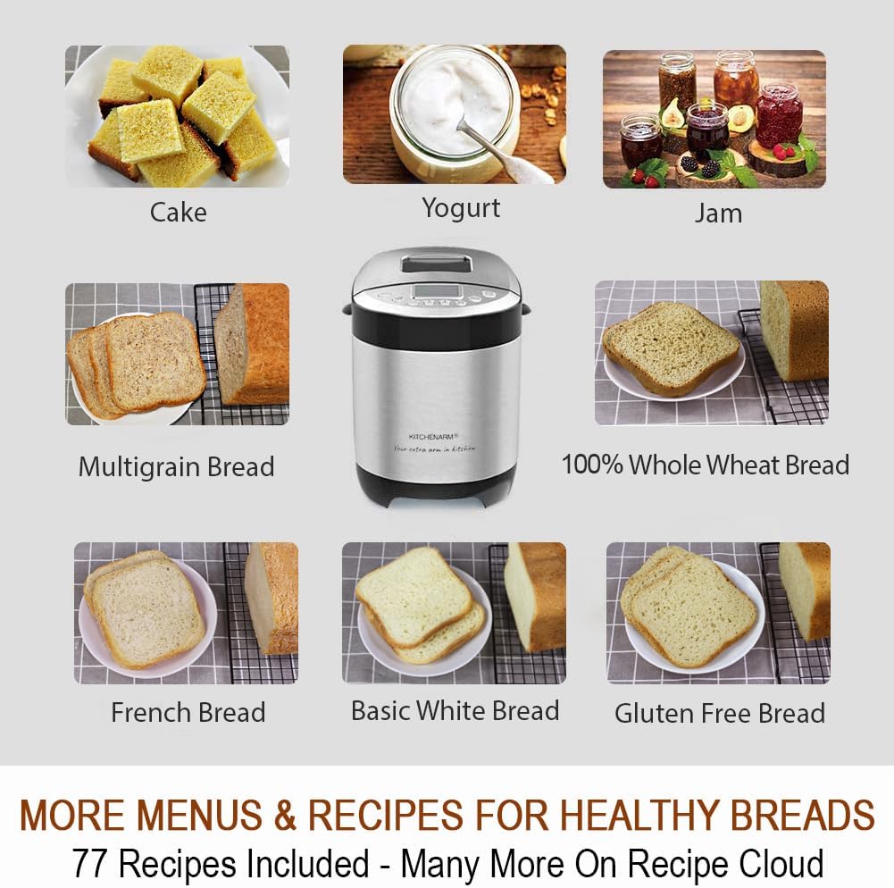 KITCHENARM 29-in-1 SMART Bread Machine with Gluten Free Setting 2LB 1.5LB 1LB Bread Maker Machine with Homemade Cycle - Stainless Steel Breadmaker