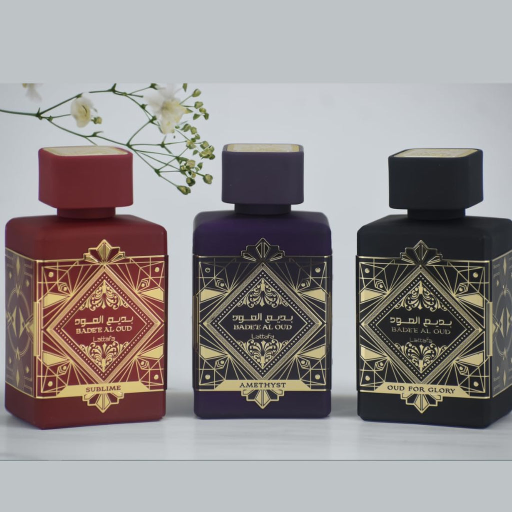 Lattafa Perfumes Bade'e Al Oud for Unisex 3 Piece Eau de Parfum Gift Set (Oud For Glory + Amethyst + Sublime) 3.4 Ounce/100 ml each