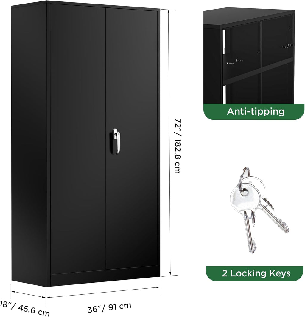 72" H Metal Storage Cabinet, 36" W x 18" D Black Locking Metal Garage Storage Cabinet with Doors and 4 Adjustable Shelves, Lockable Steel Cabinets