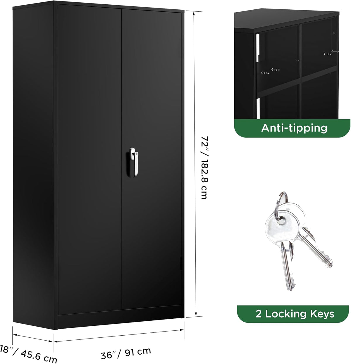 72" H Metal Storage Cabinet, 36" W x 18" D Black Locking Metal Garage Storage Cabinet with Doors and 4 Adjustable Shelves, Lockable Steel Cabinets