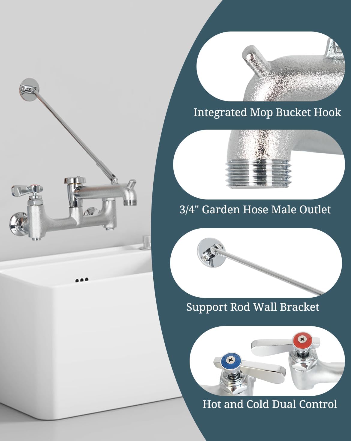 Commercial Mop Sink Faucet with Vacuum Breaker, Wall Mount Service Sink Faucet, 8 Inch Adjustable Center, Pail Hook, Heavy-Duty Brass Utility Sink