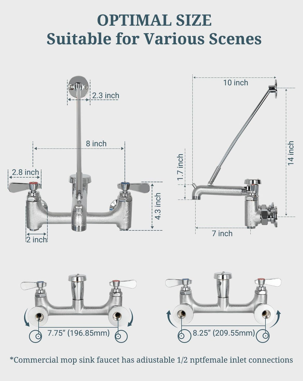 Commercial Mop Sink Faucet with Vacuum Breaker, Wall Mount Service Sink Faucet, 8 Inch Adjustable Center, Pail Hook, Heavy-Duty Brass Utility Sink