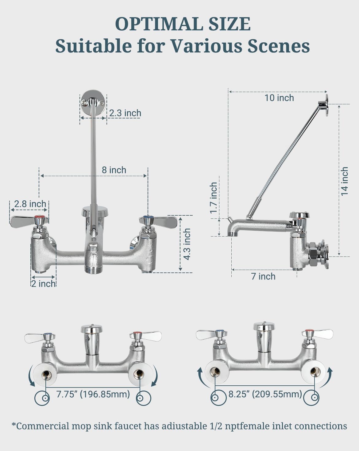 Commercial Mop Sink Faucet with Vacuum Breaker, Wall Mount Service Sink Faucet, 8 Inch Adjustable Center, Pail Hook, Heavy-Duty Brass Utility Sink