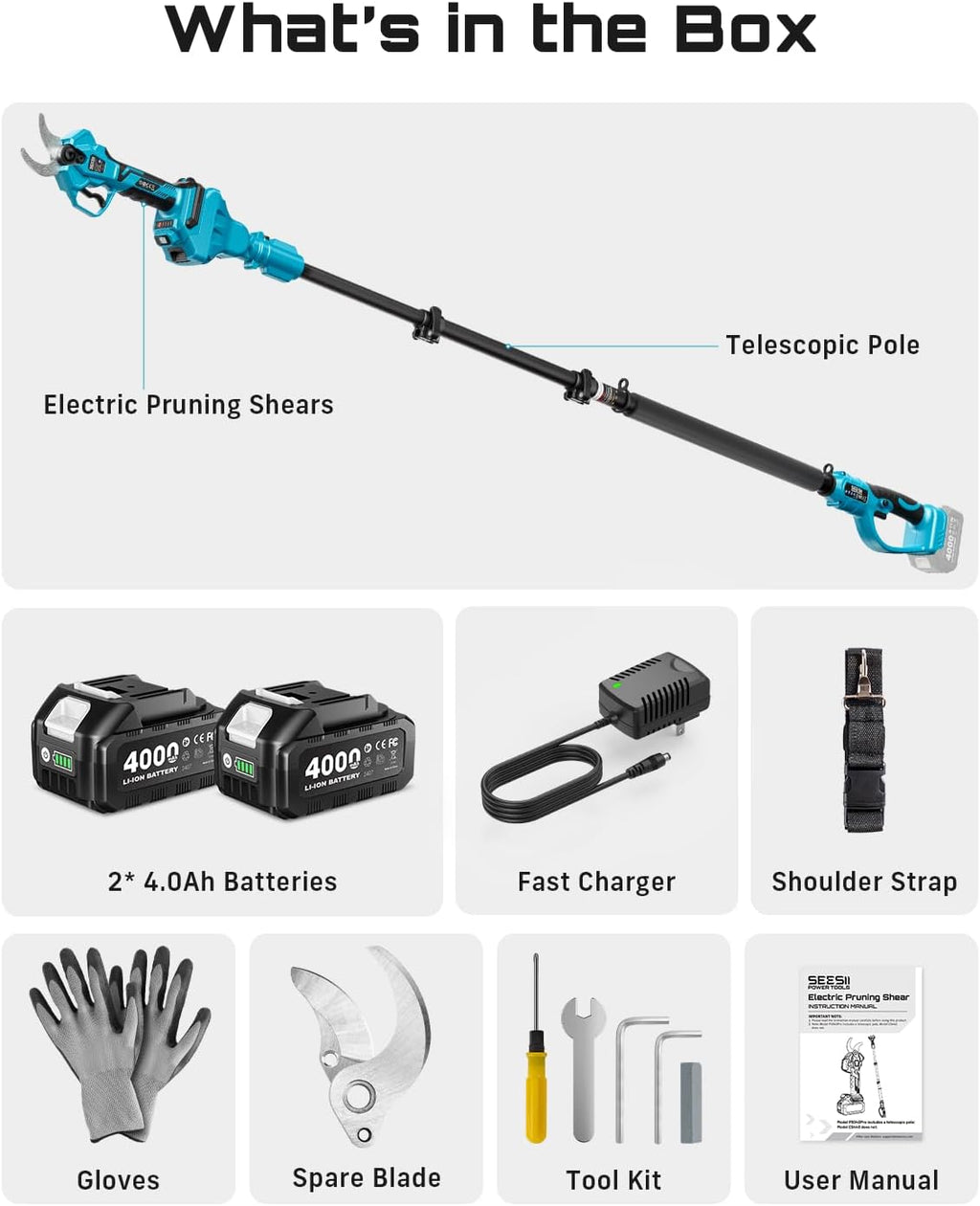 SEESII 2-in-1 Pole Pruning Shears, 1.6" Cutting Diameter Cordless Electric Pole Pruners, Brushless Motor, Dual 4.0Ah Batteries, Extra SK5 Blade, 4